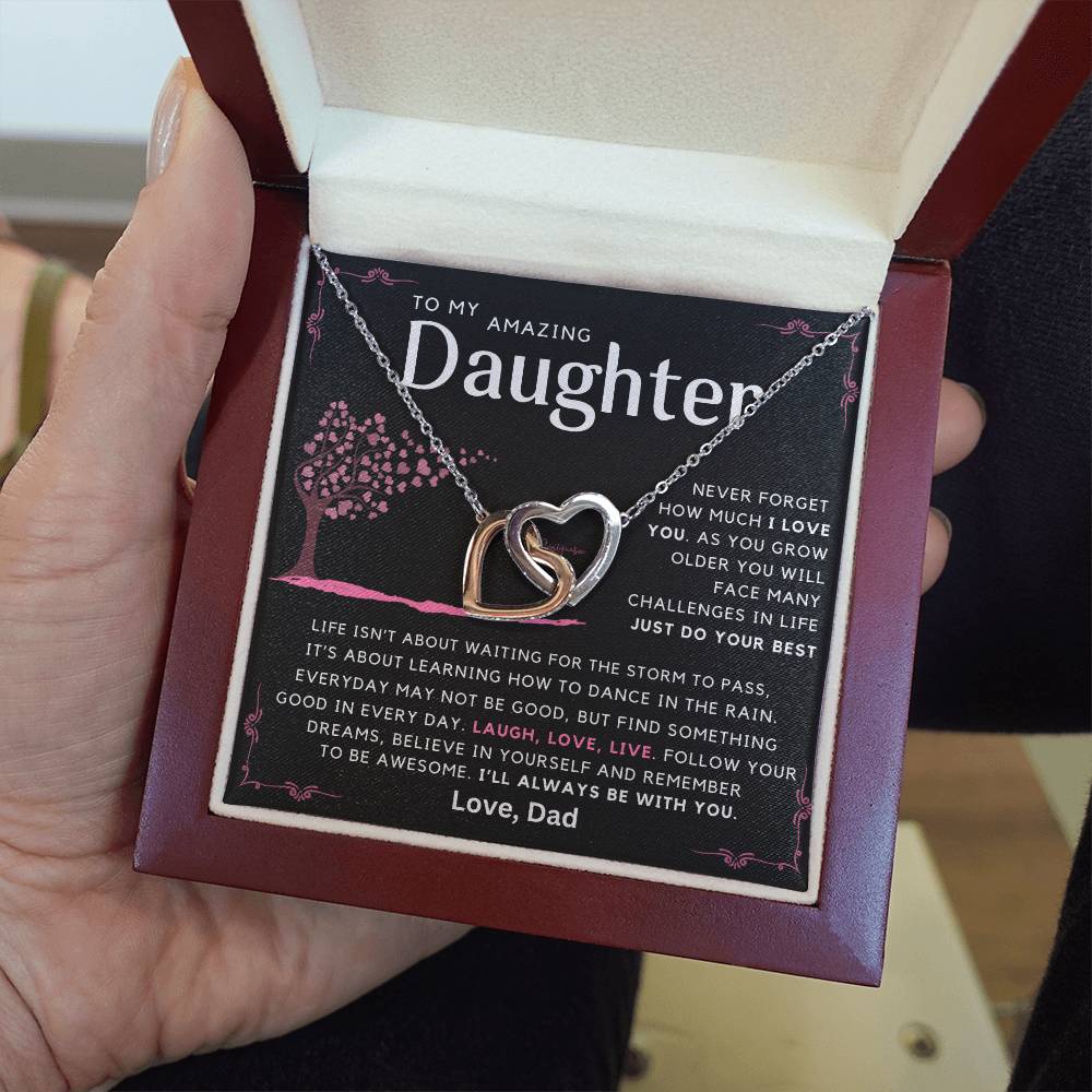To My Amazing Daughter - Laugh Love Live - Message card necklace from Dad - Black Edition
