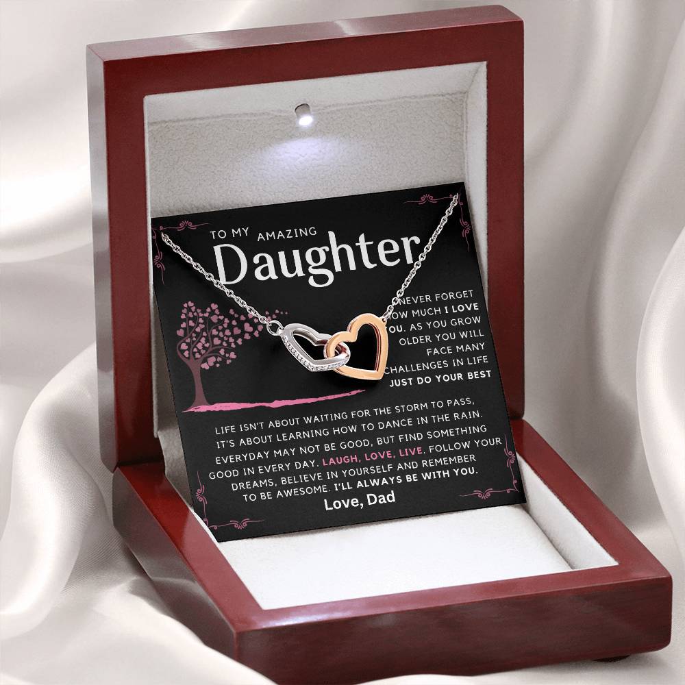 To My Amazing Daughter - Laugh Love Live - Message card necklace from Dad - Black Edition