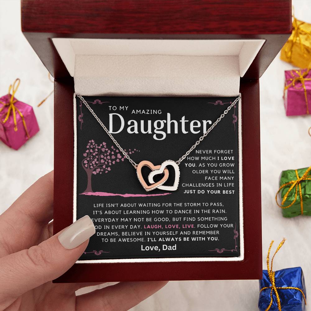 To My Amazing Daughter - Laugh Love  Live - Message card necklace from Dad - Black Edition